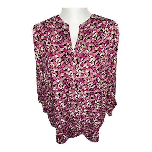 Dana Buchman Large Pink Multi-Colored Split Neck 3/4 Sleeve Hi Low Pullover Blou - Picture 1 of 6